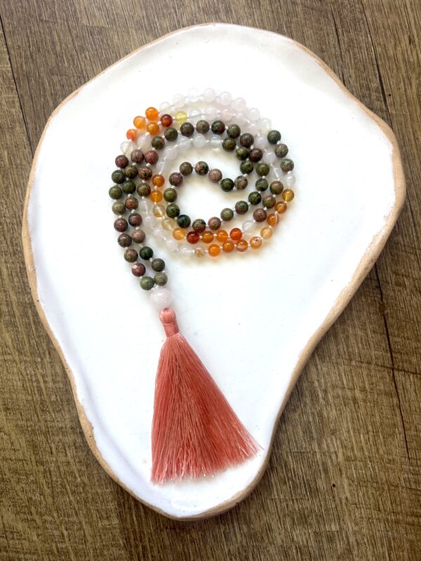 Japa Mala Cuarzo Rosa, Unakita y Ágata – Amor y Armonía