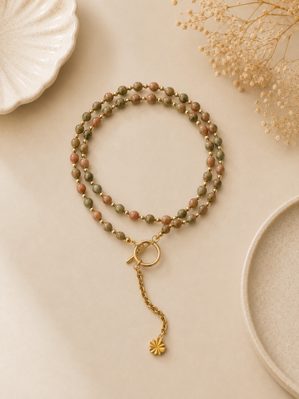 🍀 Collar de Unakita con trébol de cuatro hojas